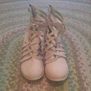 Pale pink strappy booties brand knew